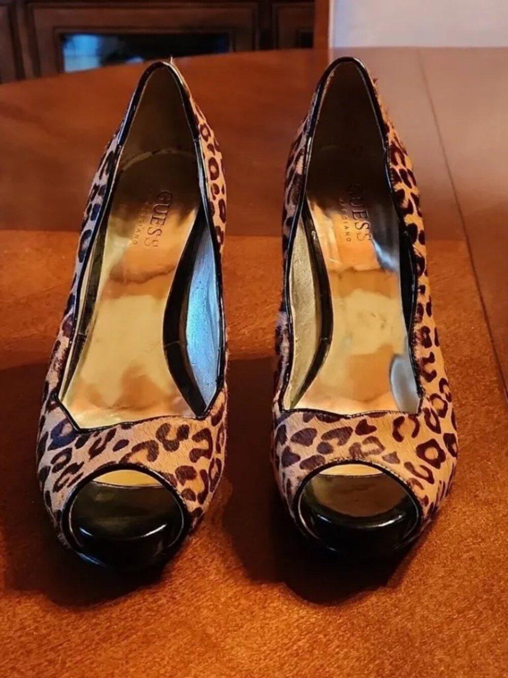 Guess by Marciano, Peep Toe Stiletto Heels, Size 6.5", Leopard Animal Print
